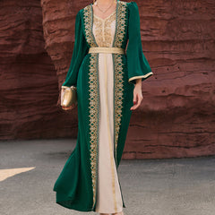 4088 Middle Eastern Style Green Beige Colorblock Gold Embroidered Long Sleeve Belted Maxi Dress - Elegant Contrast Decorated Gown