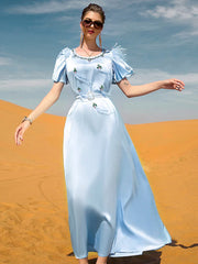 BA7039 light blue satin ruffle edge feather dress, hand-sewn diamond Muslim style spot, women's belt
