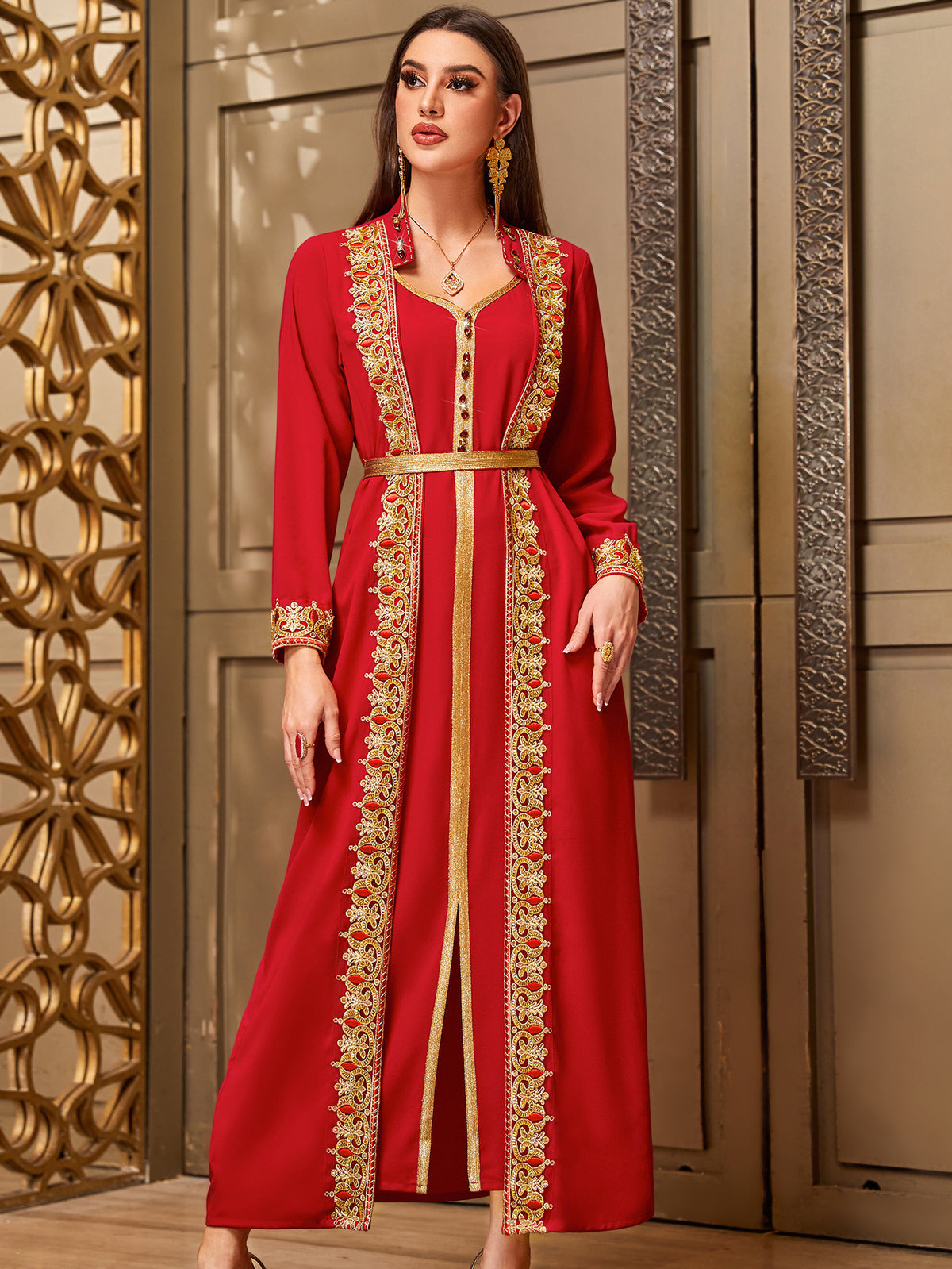 4048 Middle Eastern Style Red Gold Embroidered Pseudotwo-Piece Long Sleeve Belted Maxi Dress - Elegant Ornamental Long Gown