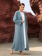 4015 Middle Eastern Style Light Blue Beaded Embellished Open Front Maxi Dress - Elegant Long Abaya Outerwear