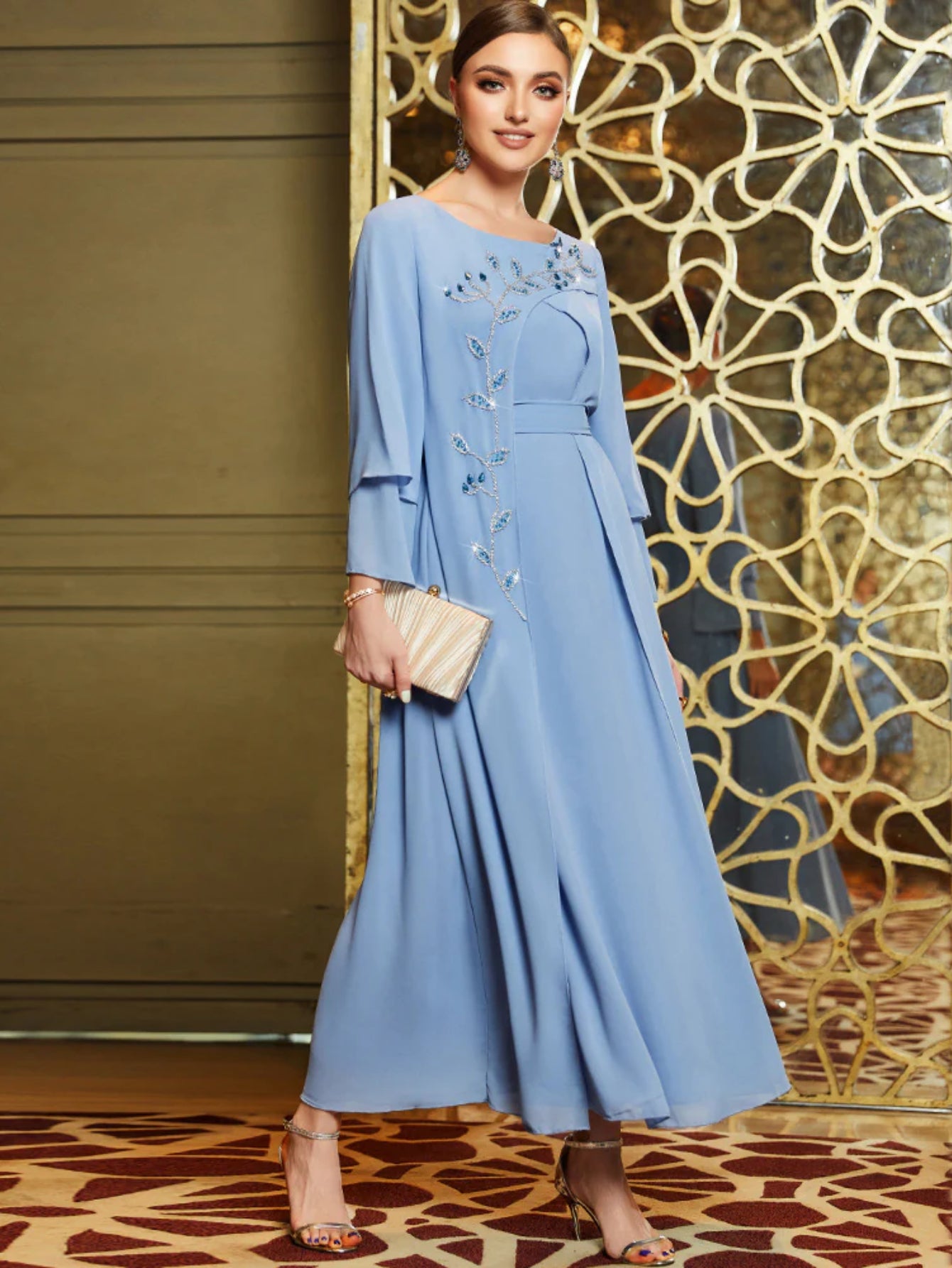 BA3047 Cross-border Middle East fashion hand-sewn diamond asymmetrical double-layer chiffon dress
