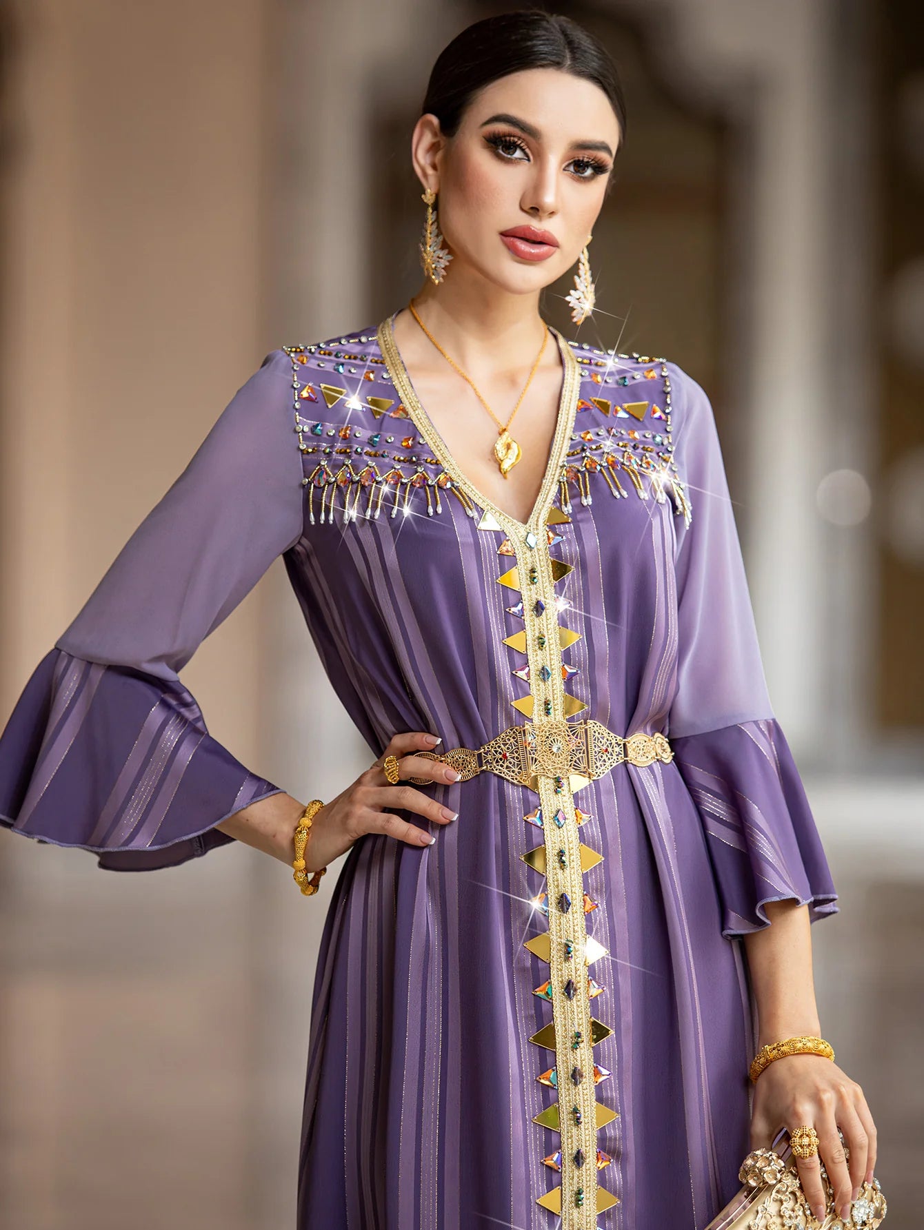 BA4137 Fashion V-Neck Long Sleeve Handmade Beaded Dress Elegant Robe Spot
