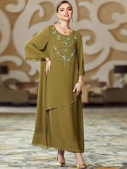 BA3042 New army green hand-sewn chiffon long dress loose pendulum ABAYA dress