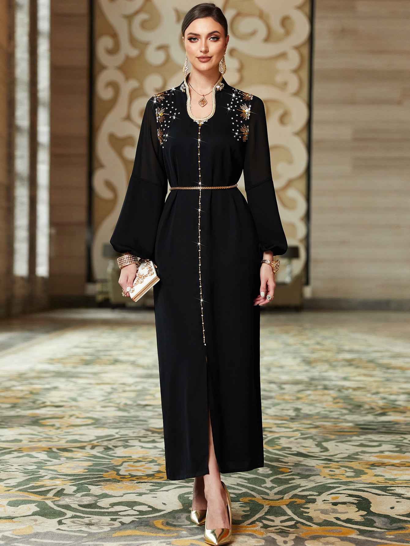 3132 Black Middle Eastern Style Embroidered Sequins Lantern Sleeve Maxi Dress - Elegant Gold Decorated Long Dress