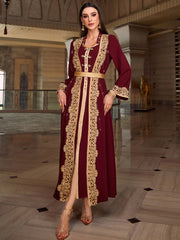 4023 Middle Eastern Style Burgundy Gold Embroidered Long Sleeve Maxi Dress - Elegant Lace-Trimmed Belted Gown