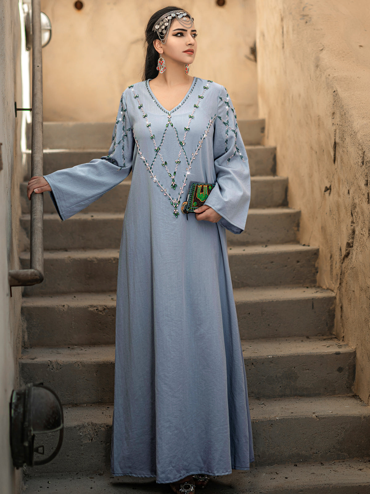4124 Middle Eastern Style Light Blue Embroidered Loose Sleeve V-Neck Maxi Dress - Elegant Sparkling Decorated Gown