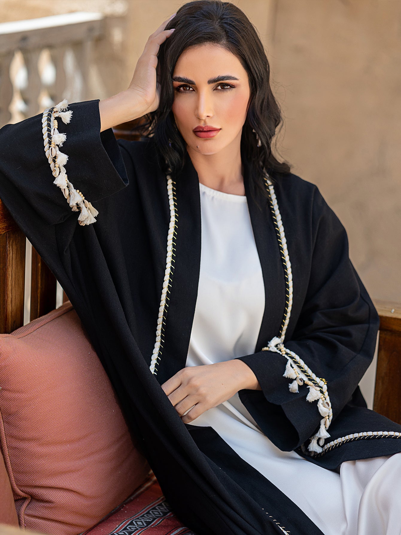 5062 Ya black Ramadan loose robe beaded with tassels embellished with a single piece