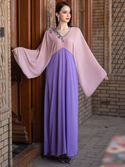 5220Pink & Purple Two-Tone Abaya Dress | Arabic V-Neck Floral Embroidery Gown with Wide Sleeves