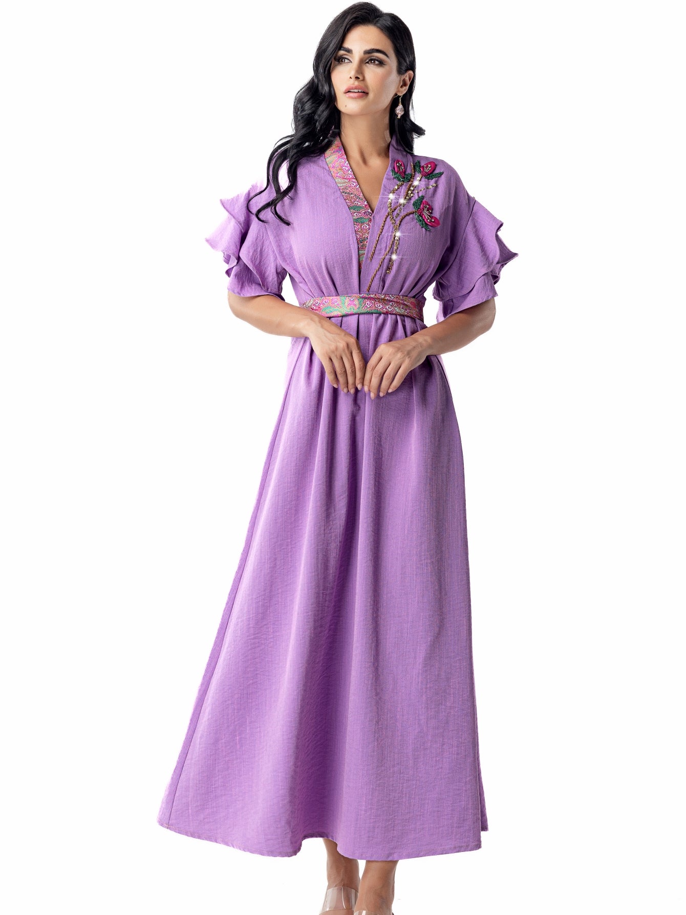 5110 abaya robe dress, floral beads shine, lotus leaf sleeves with waist design, a must for parties