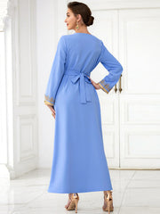 BA9028 light blue webbing hand-sewn diamond long-sleeved fake two-piece dress, spring travel, elegant and fashionable long dress