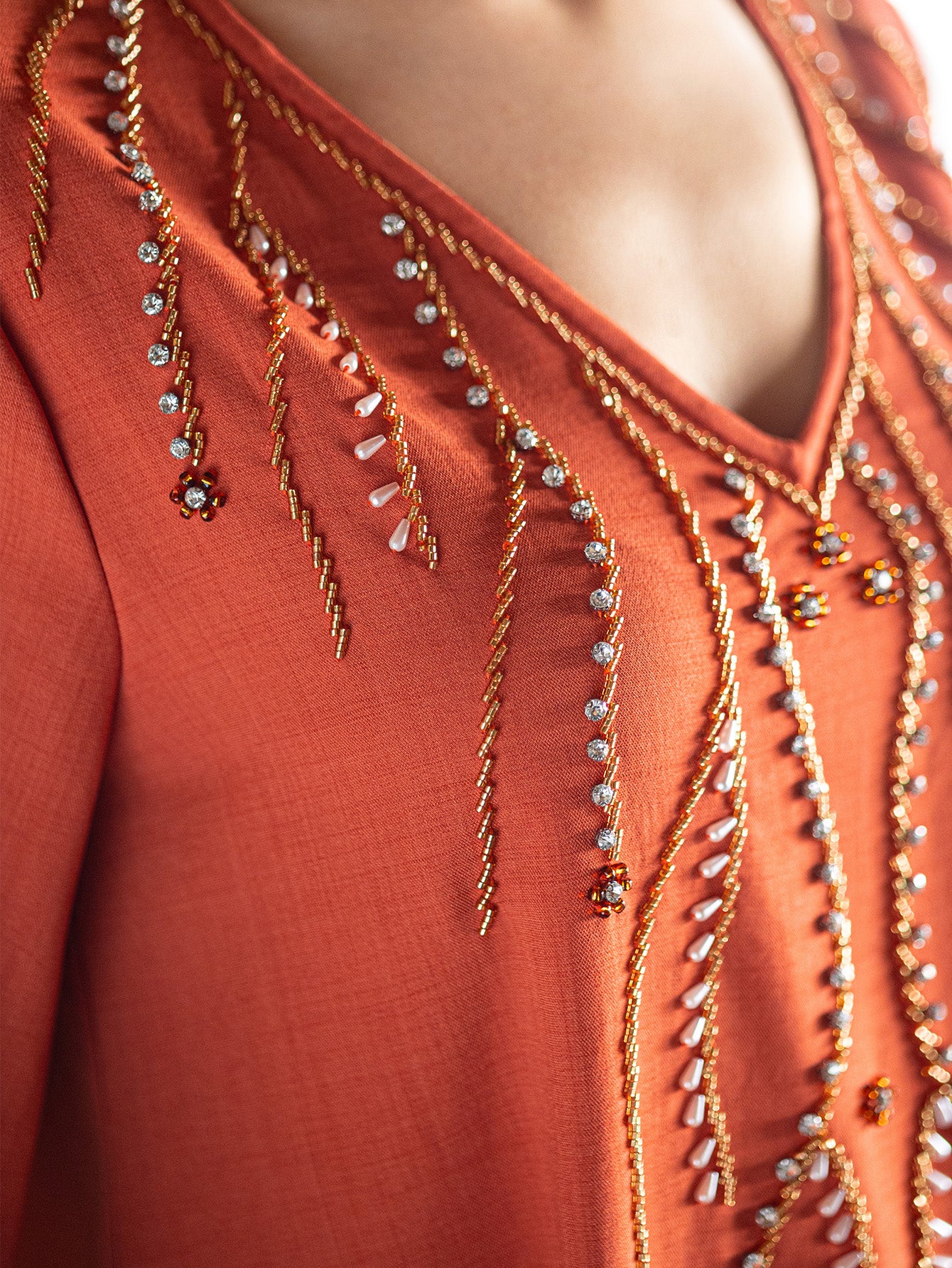 15007 Middle Eastern Style Orange Rhinestone Embellished V-Neck White Cuff Long Sleeve Maxi Dress - Elegant Decorated Abaya Gown