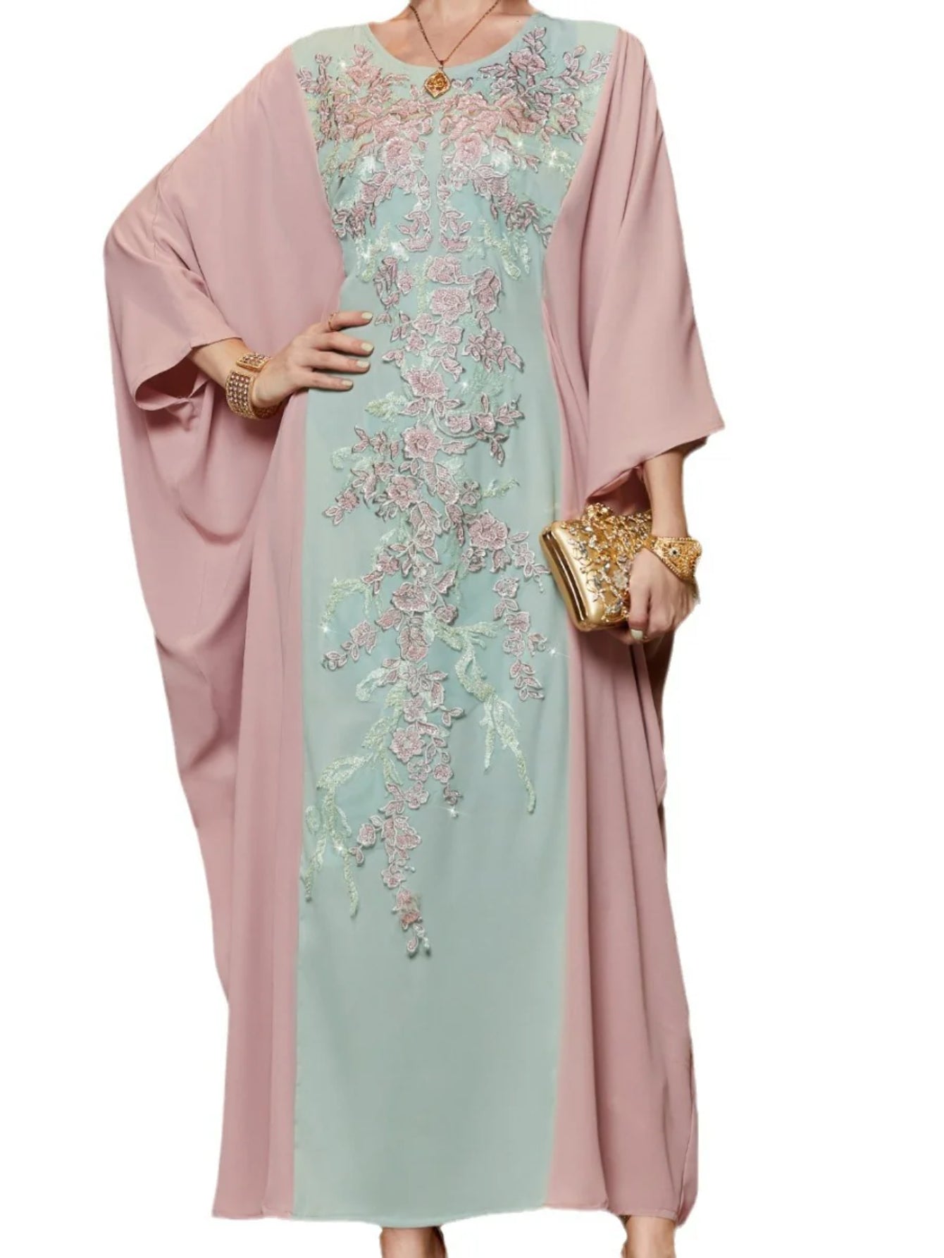 BA3161 Pink Pin Bean Green Rice Bead Embroidered Cape Batman