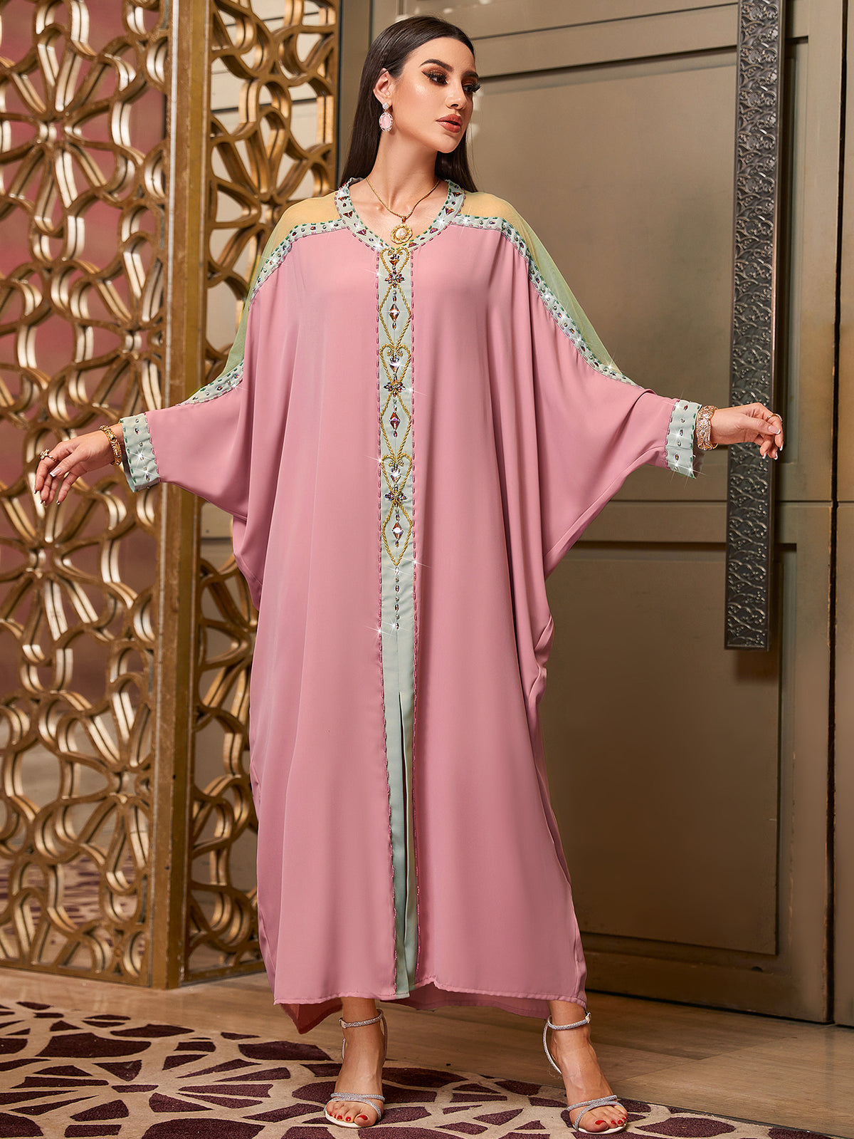 4132 Middle Eastern Style Pink Colorblock Shoulder Mesh Rhinestone Bead Embellished Loose Maxi Dress - Elegant Decorated Abaya Gown