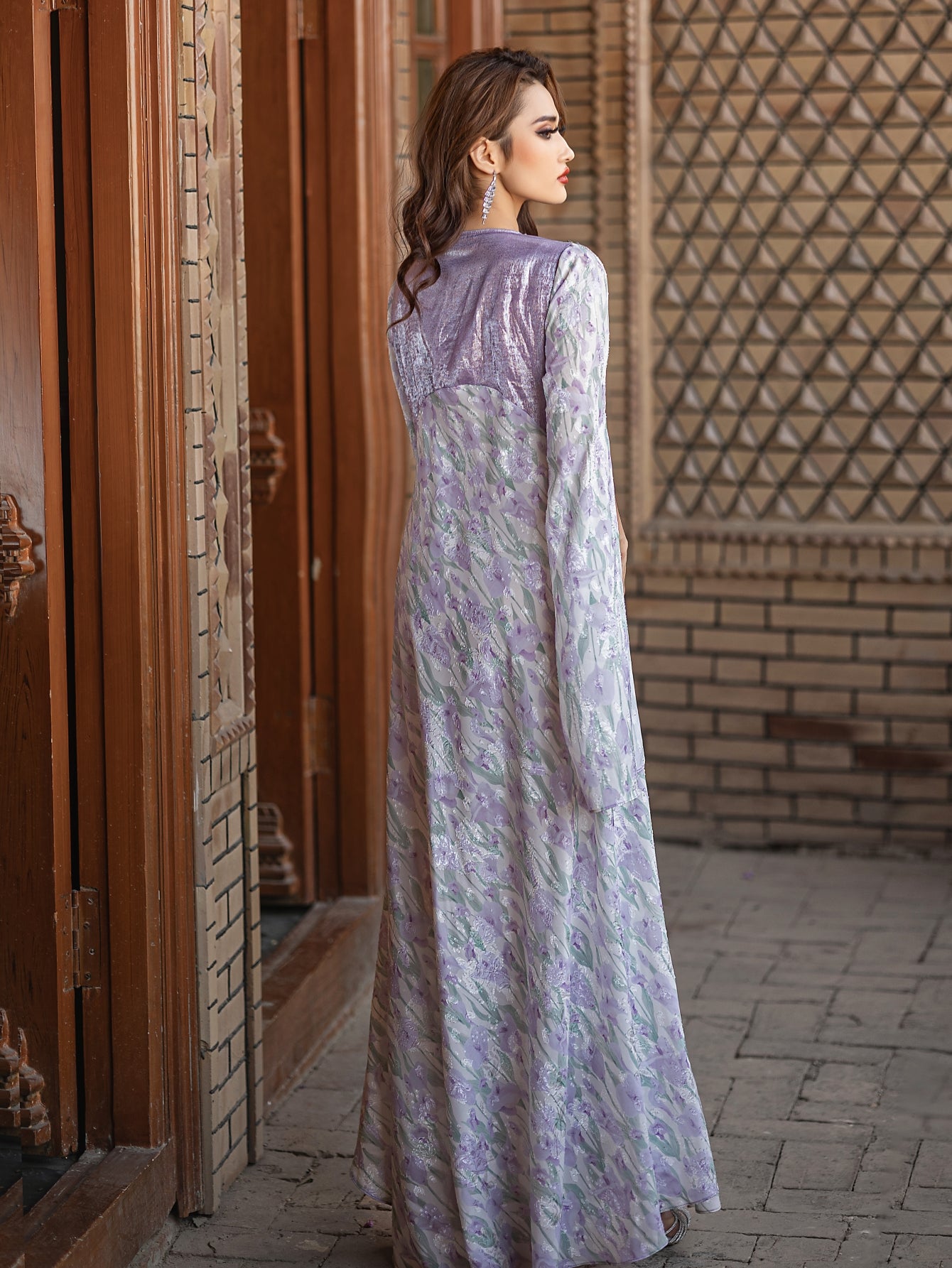 5193Traditional Arabic Embroidered Abaya | Lavender Pearl V-Neck Bell Sleeves Dress for Cultural Evening Wear