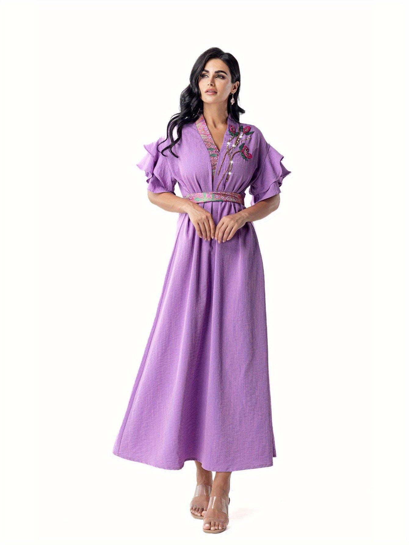 5110 abaya robe dress, floral beads shine, lotus leaf sleeves with waist design, a must for parties