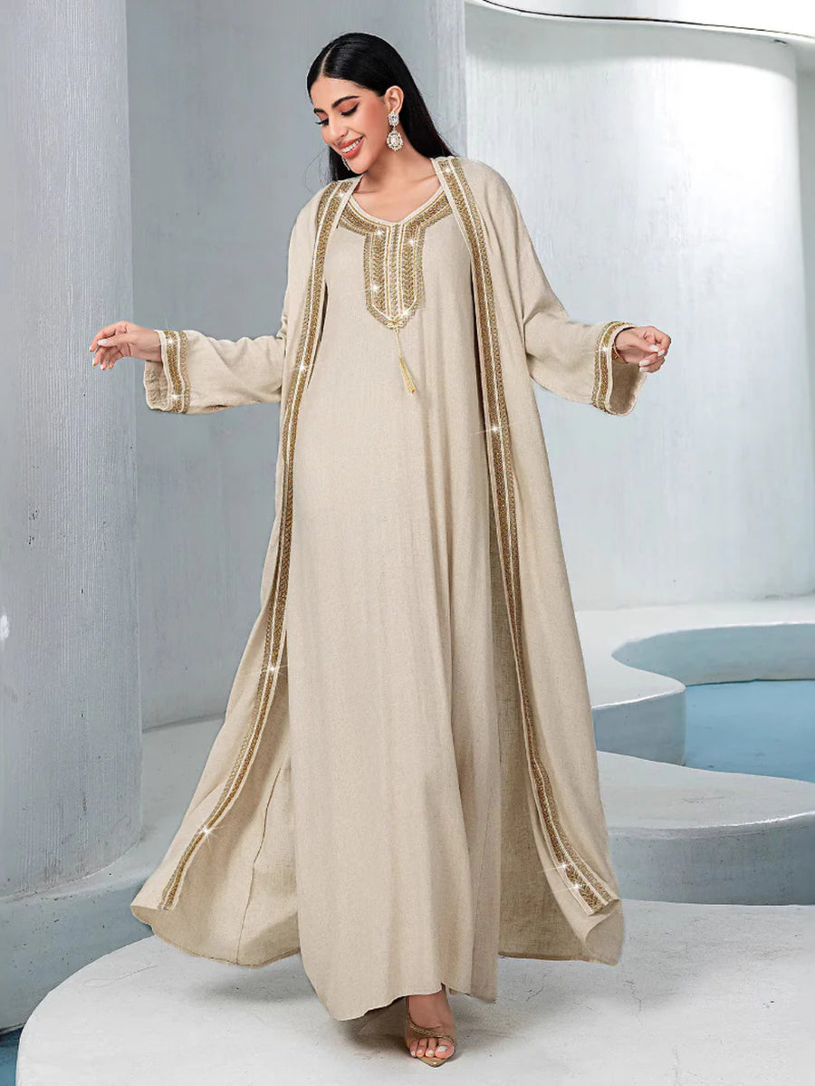Apricot Bead-Embroidered Two-Piece Set - full-length front view with open outer layer