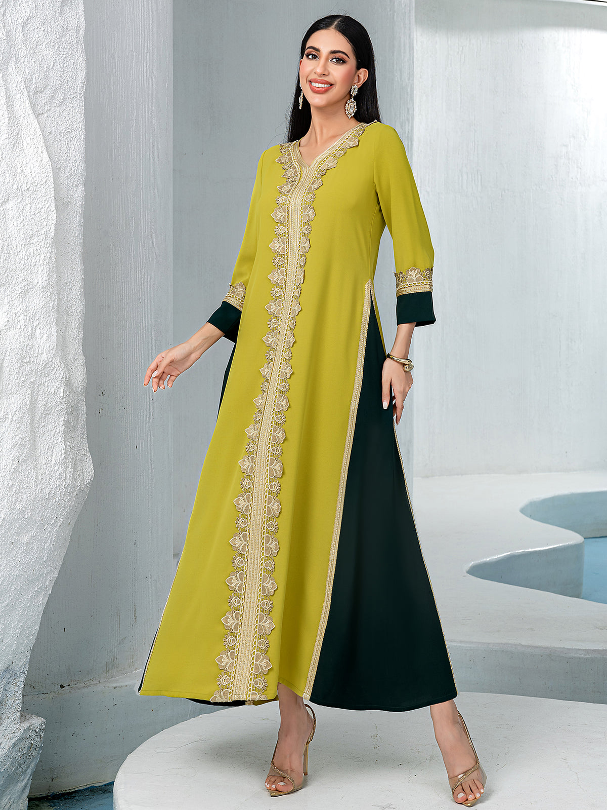 40091Two-Tone Arabic Abaya | Gold Embroidery Dress with Emerald Accents & Slimming Silhouette