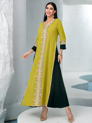 40091Two-Tone Arabic Abaya | Gold Embroidery Dress with Emerald Accents & Slimming Silhouette