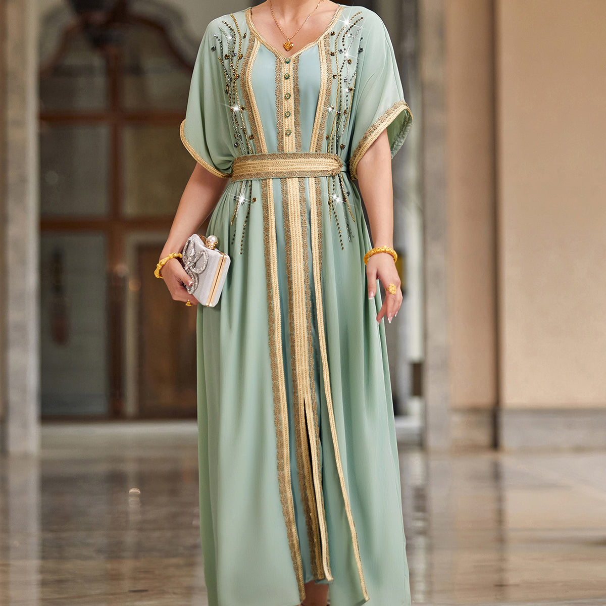 4033 Middle Eastern Style Light Green Gold-Embellished Short Sleeve Maxi Dress - Elegant Belted Slit Pseudotwo-Piece Gown