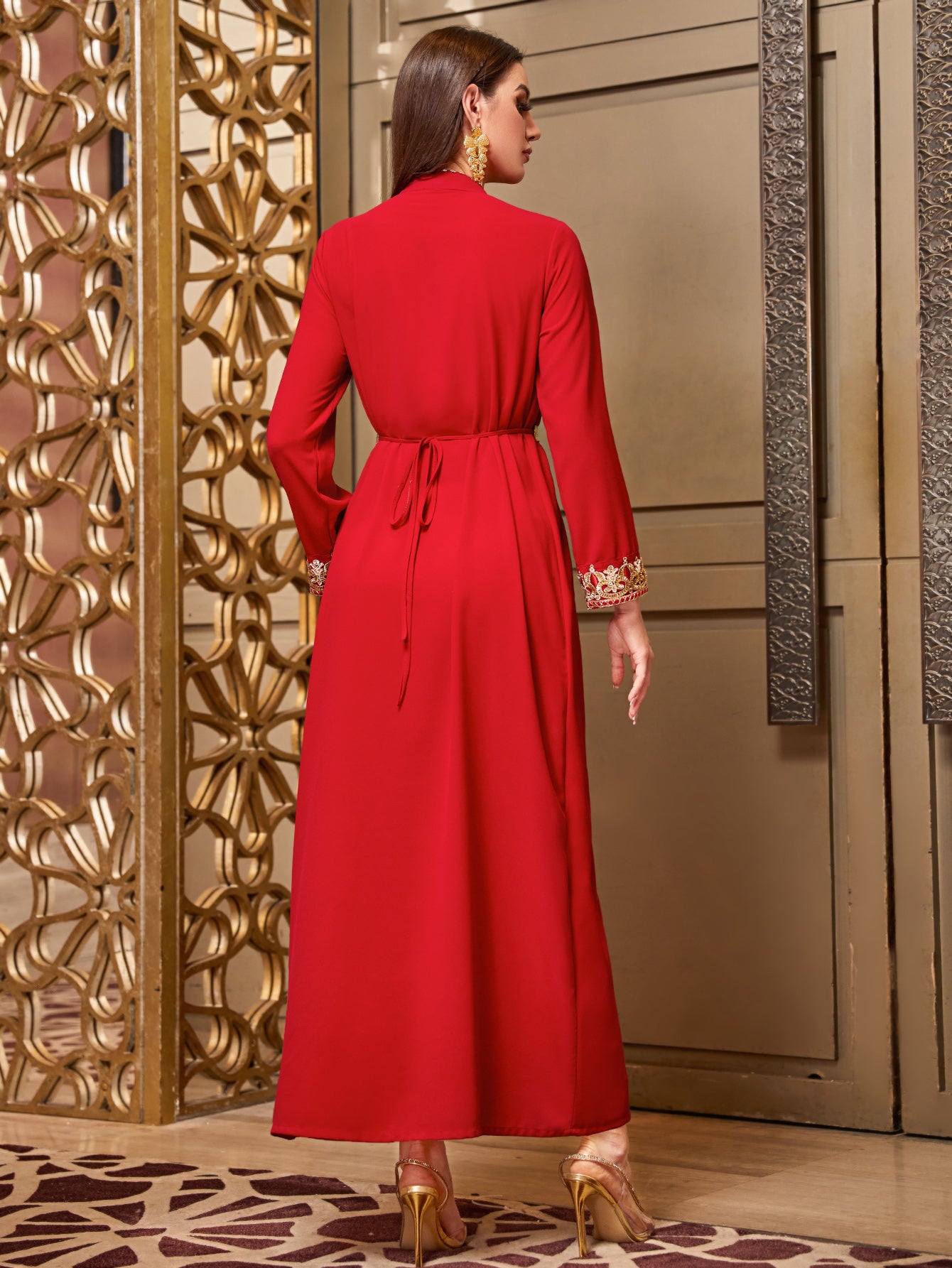 4048 Middle Eastern Style Red Gold Embroidered Pseudotwo-Piece Long Sleeve Belted Maxi Dress - Elegant Ornamental Long Gown