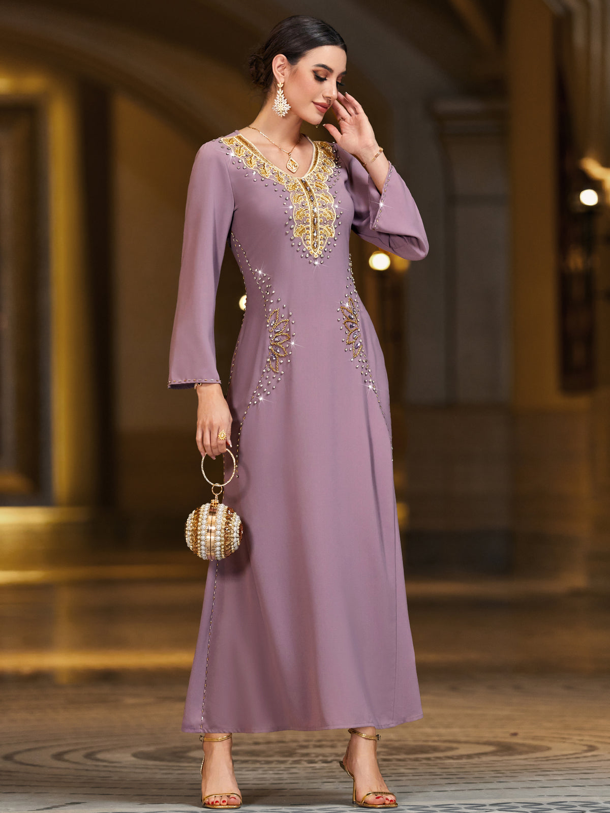 4089 Middle Eastern Style Purple Gold Embroidered Sequin Long Sleeve Maxi Dress - Elegant Sparkling Decorated Gown