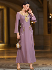 4089 Middle Eastern Style Purple Gold Embroidered Sequin Long Sleeve Maxi Dress - Elegant Sparkling Decorated Gown