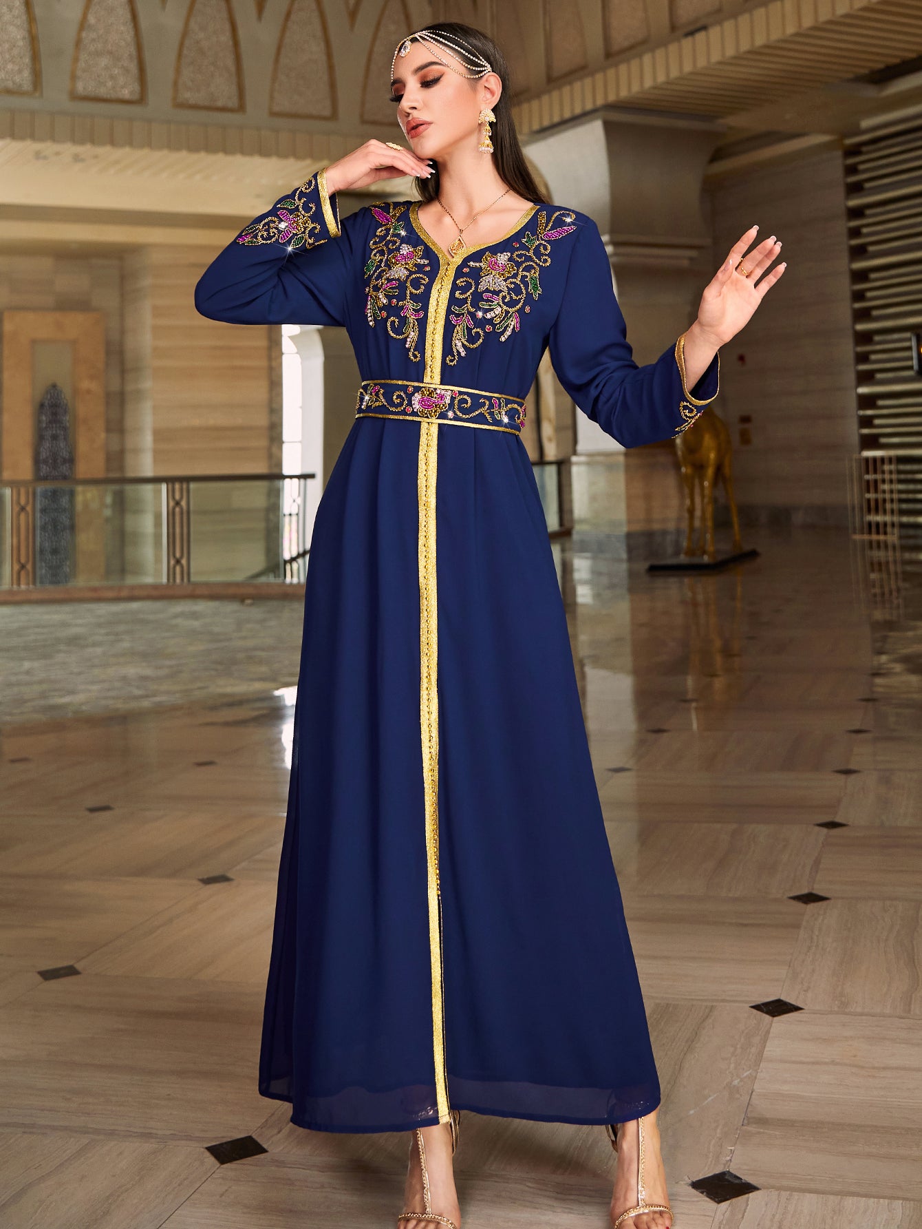 4067 Middle Eastern Style Navy Blue Gold-Trimmed Floral Embroidered Long Sleeve Maxi Dress - Elegant Belted Gown
